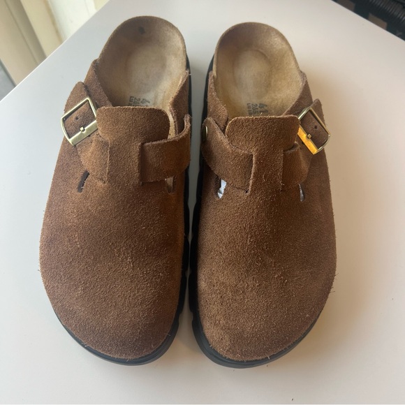 Birkenstock Boston Chunky Sole Dark Tea Suede Leather Brown Clogs 41 Womens 10 - Picture 4 of 12